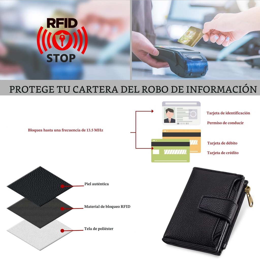 Billetera Tarjetero Cartera Monedero para Dama / Modelo D1 / Negro